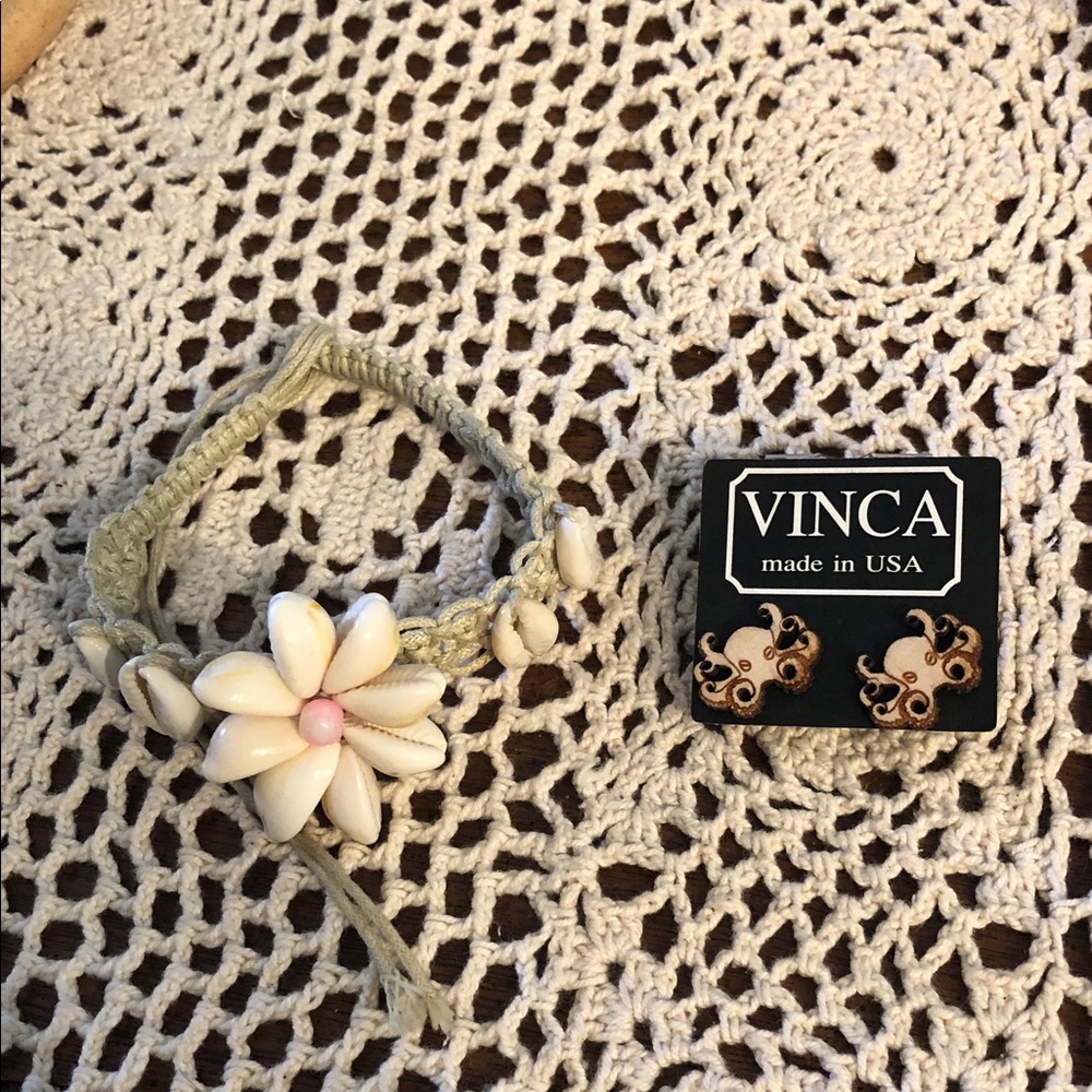 White Shell Flower Macrame Bracelet & octopus stud earrings - Made in USA